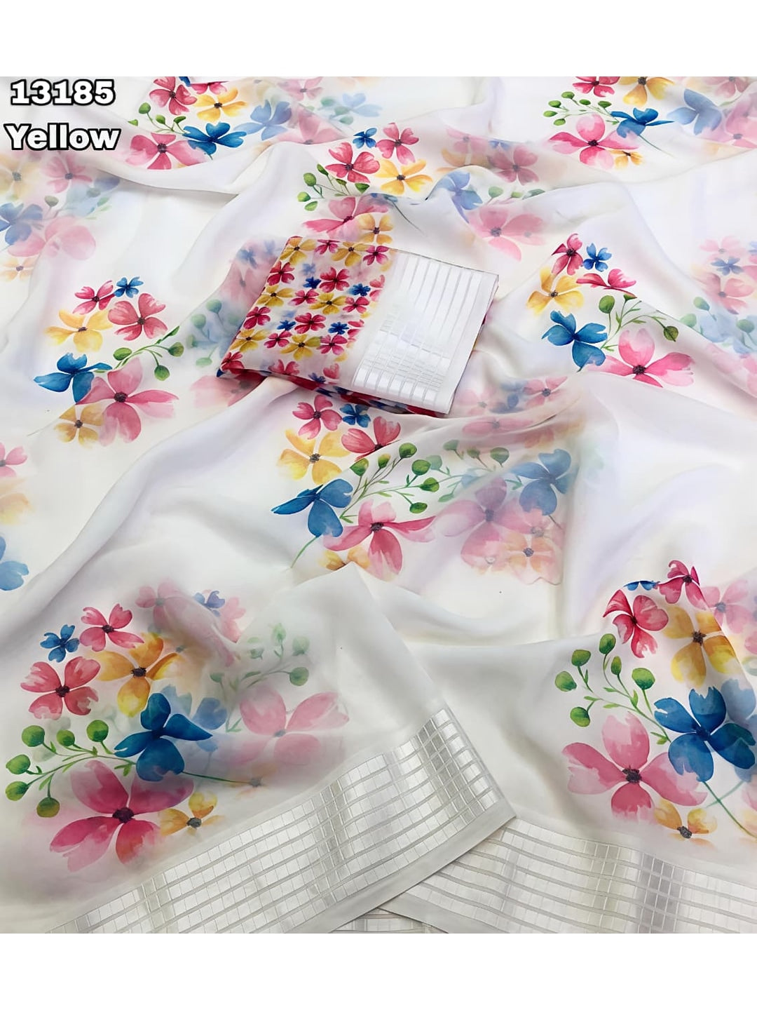 Peachmode White Georgette Chiffon Saree with Pastel Floral Print - Image 2