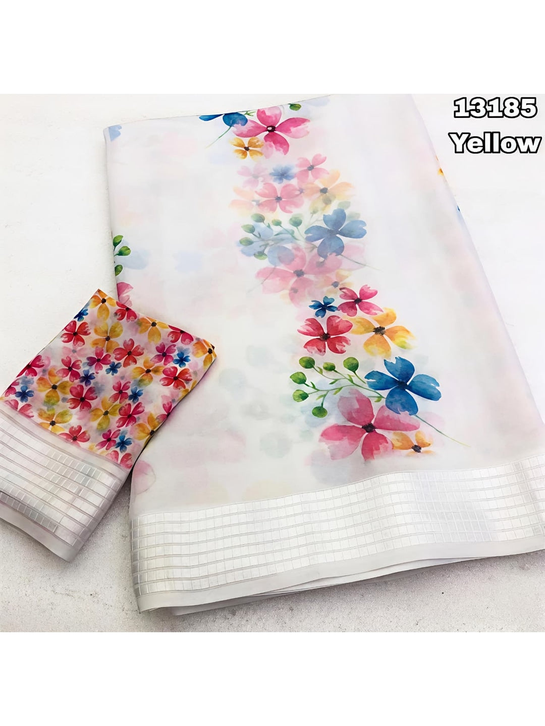 Peachmode White Georgette Chiffon Saree with Pastel Floral Print - Image 3