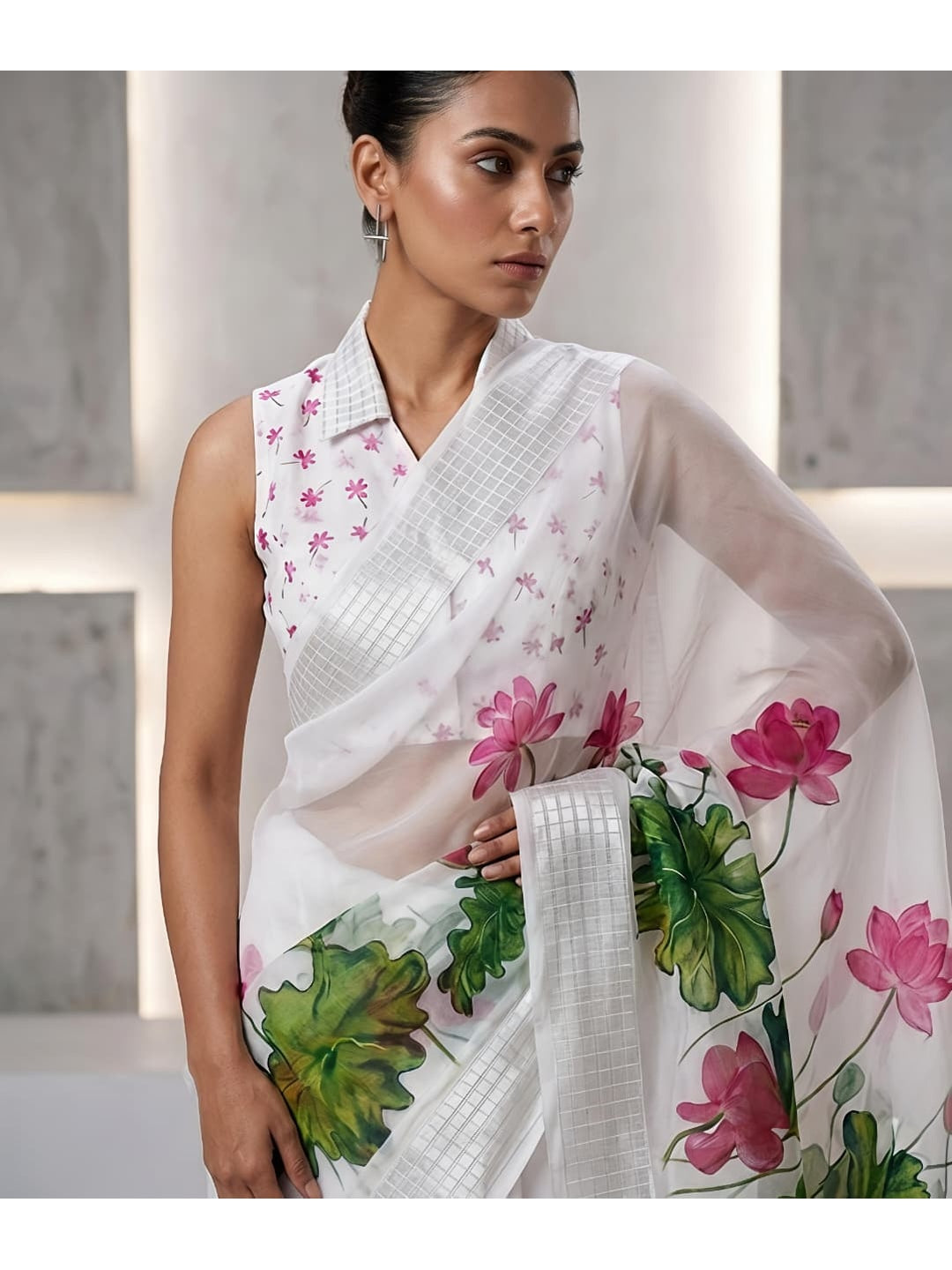 Peachmode White Georgette Chiffon Saree with Lotus Floral Print - Image 1