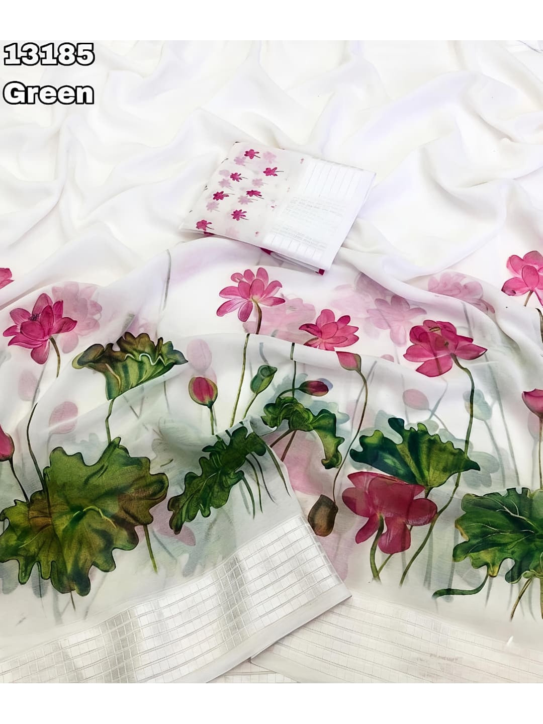 Peachmode White Georgette Chiffon Saree with Lotus Floral Print - Image 2