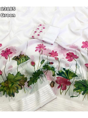Peachmode White Georgette Chiffon Saree with Lotus Floral Print - Image 2