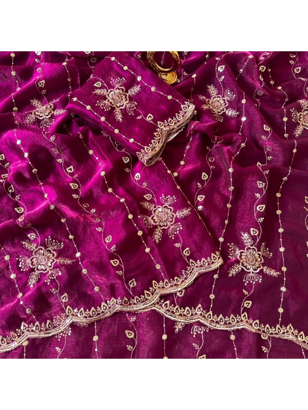 Peachmode Magenta Satin Embroidered Saree - Image 2