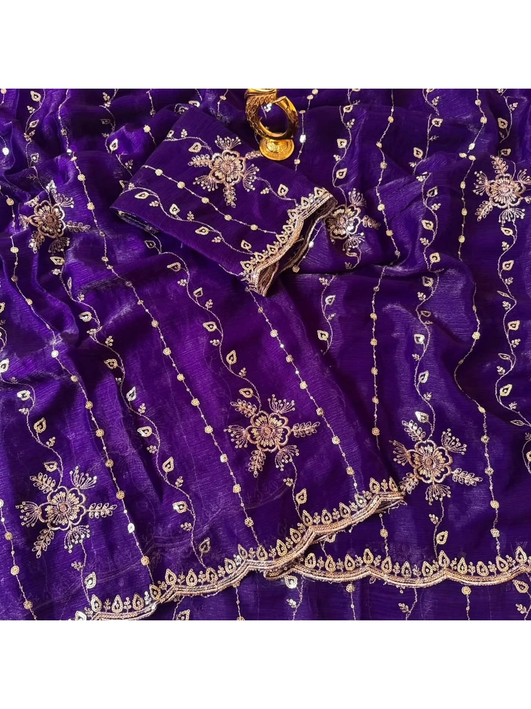 Peachmode Purple Satin Embroidered Saree - Image 2