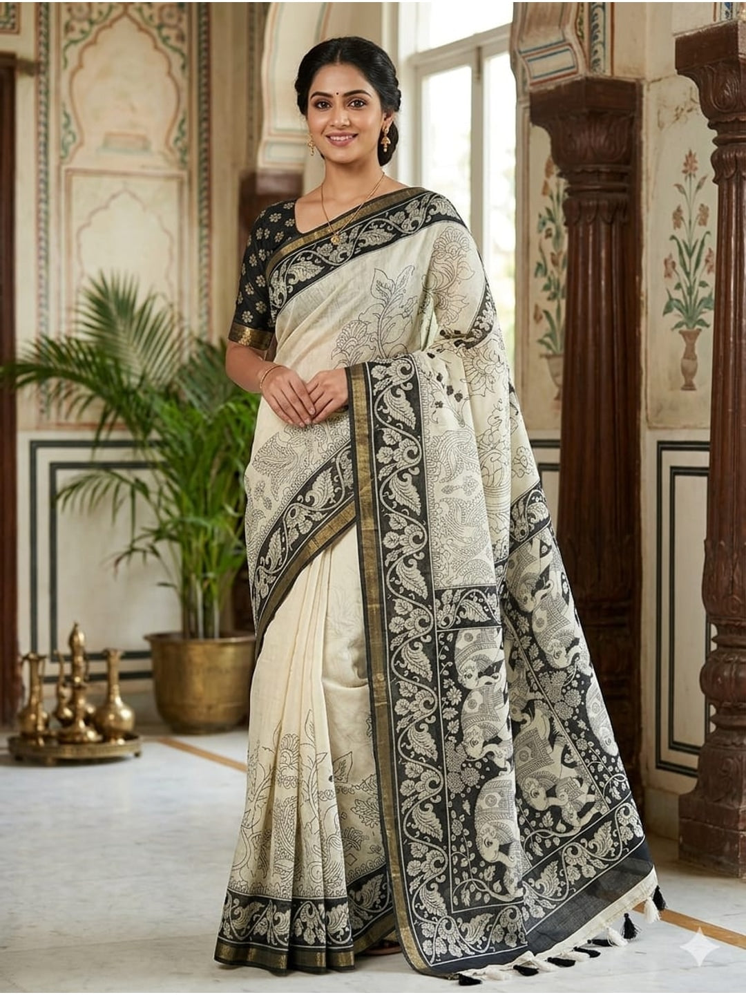 Peachmode Off White Linen Cotton Saree with Black Printed Border - Image 1