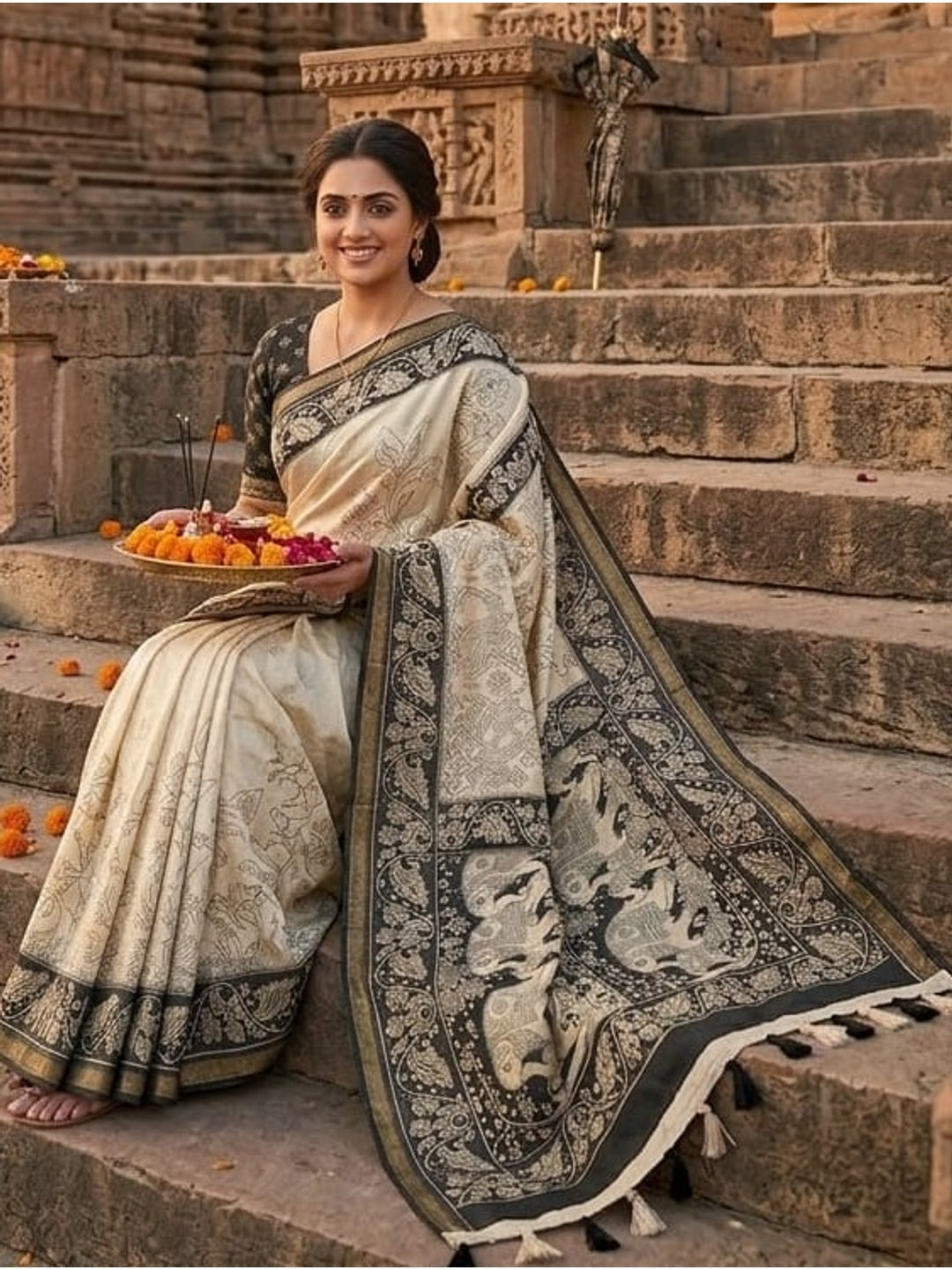 Peachmode Off White Linen Cotton Saree with Black Printed Border - Image 4