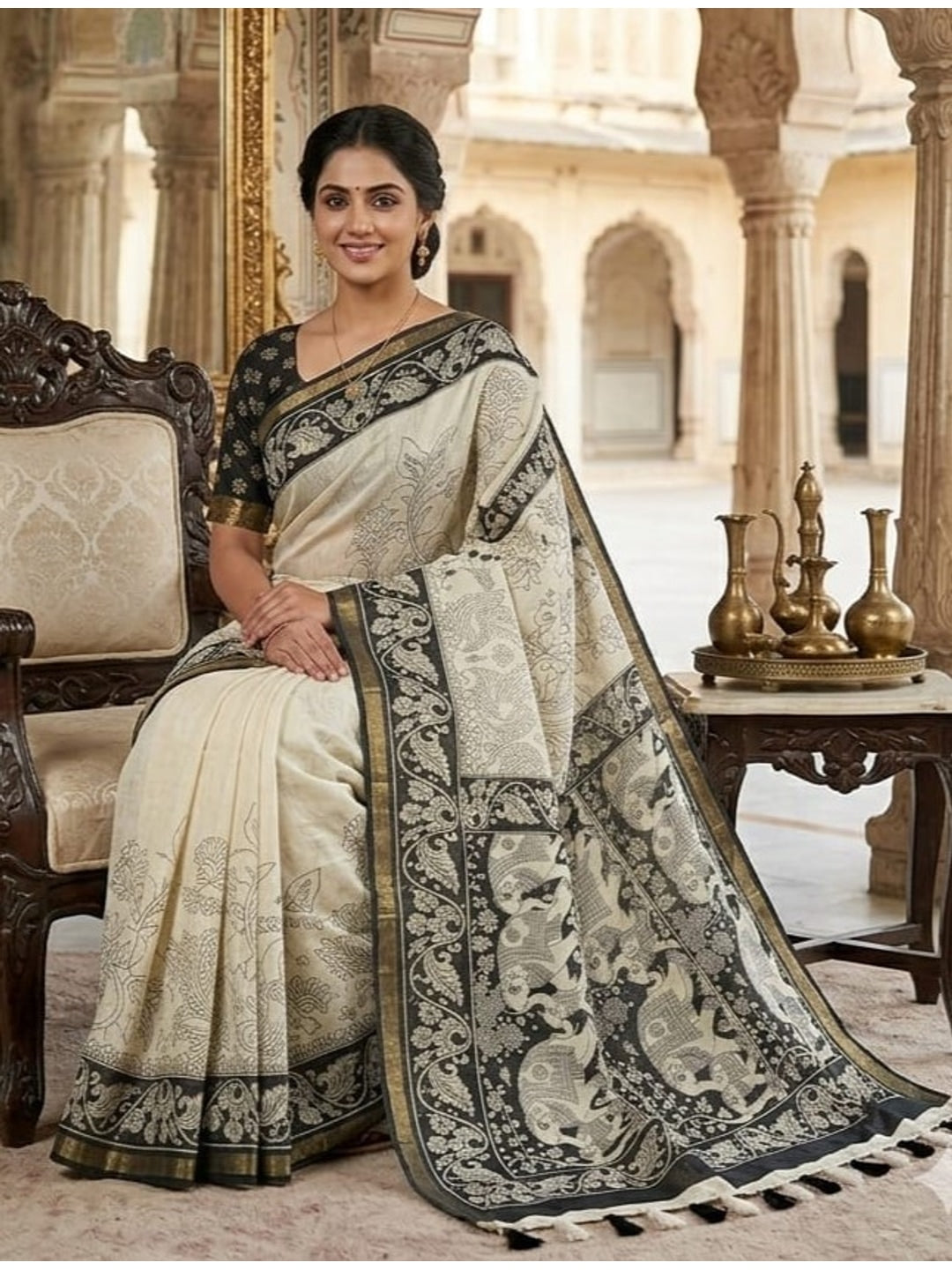 Peachmode Off White Linen Cotton Saree with Black Printed Border - Image 5