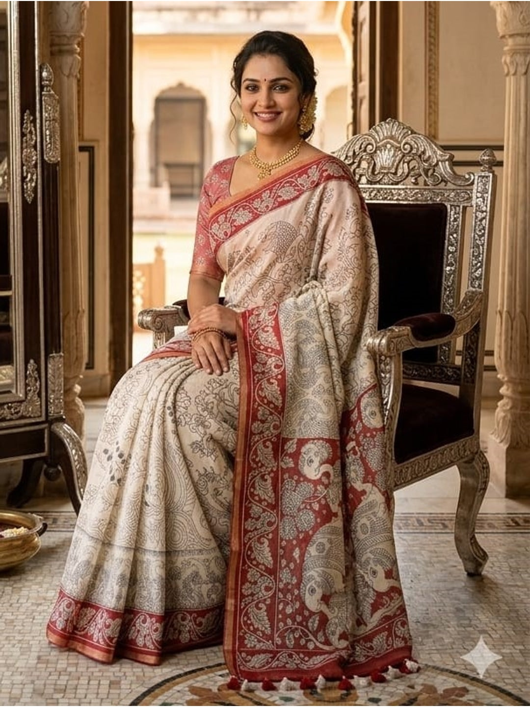 Peachmode Off White Linen Cotton Saree with Red Printed Border - Image 6