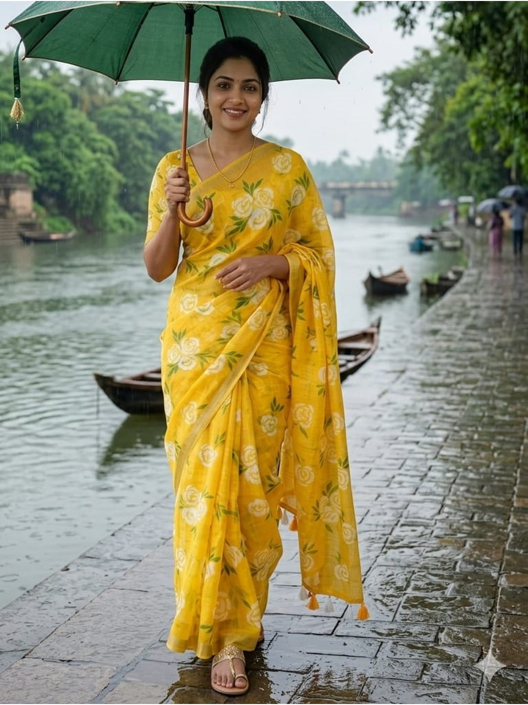 Peachmode Yellow Linen Cotton Saree with Floral Print - Image 2