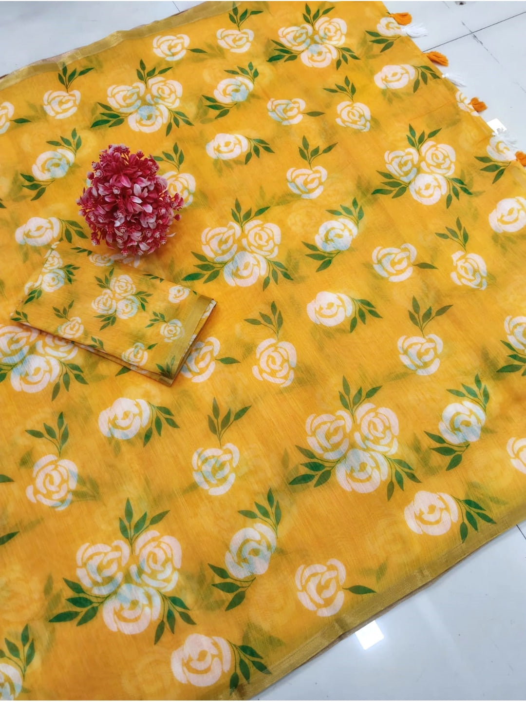 Peachmode Yellow Linen Cotton Saree with Floral Print - Image 3