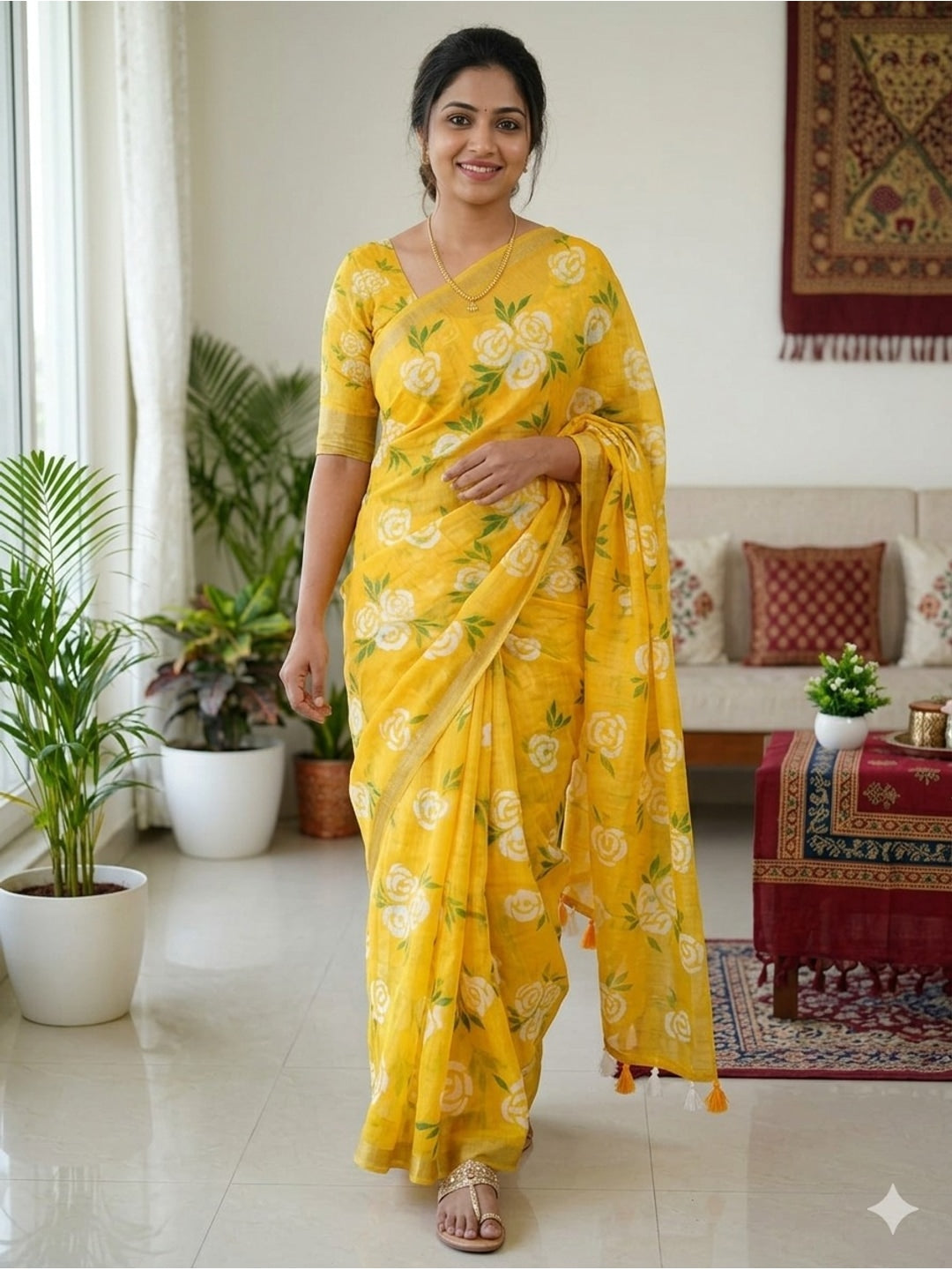 Peachmode Yellow Linen Cotton Saree with Floral Print - Image 1