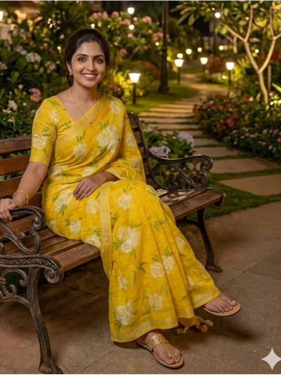 Peachmode Yellow Linen Cotton Saree with Floral Print - Image 6