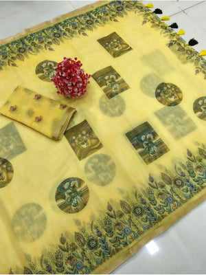 Peachmode Pale Yellow Linen Cotton Saree with Grey Motif Print - Image 2