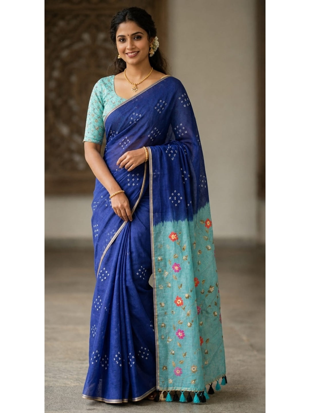 Peachmode Blue Linen Cotton Saree with Aqua Pallu Print - Image 1