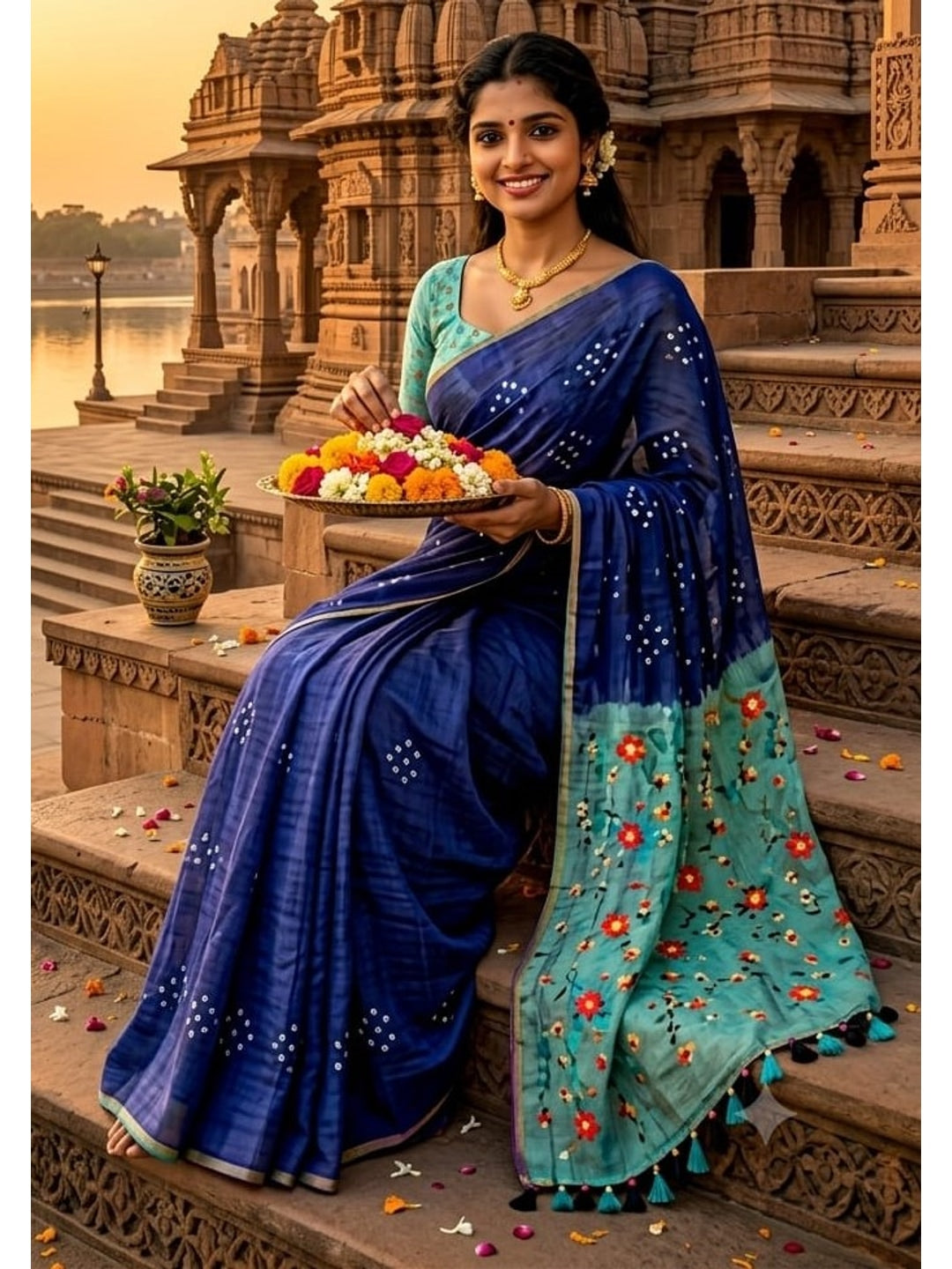 Peachmode Blue Linen Cotton Saree with Aqua Pallu Print - Image 4