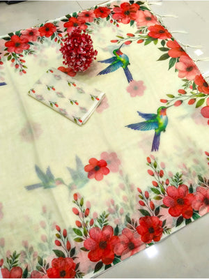 Peachmode Cream & Red Linen Cotton Saree with Red Floral Bird Print - Image 2