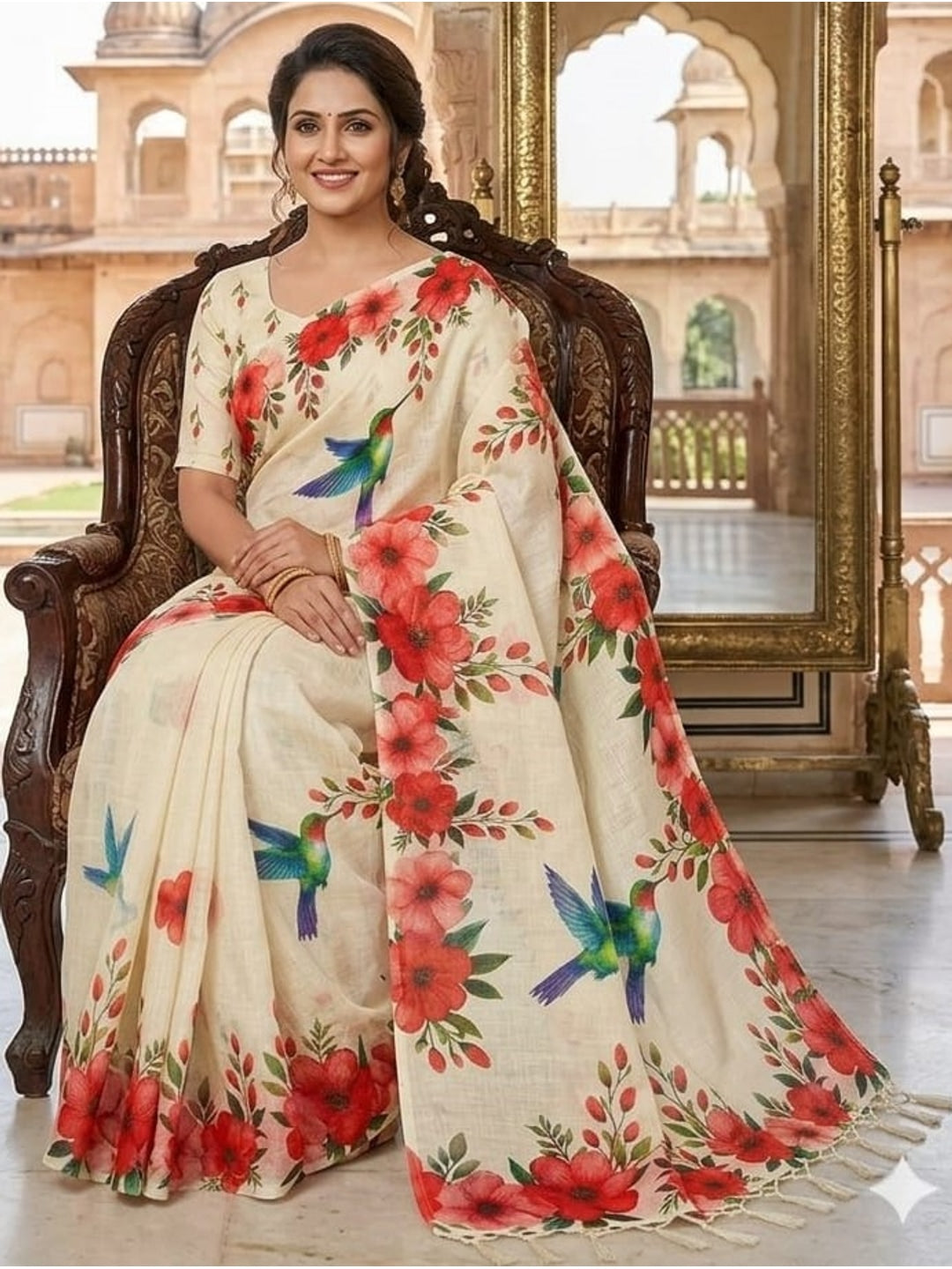 Peachmode Cream & Red Linen Cotton Saree with Red Floral Bird Print - Image 5