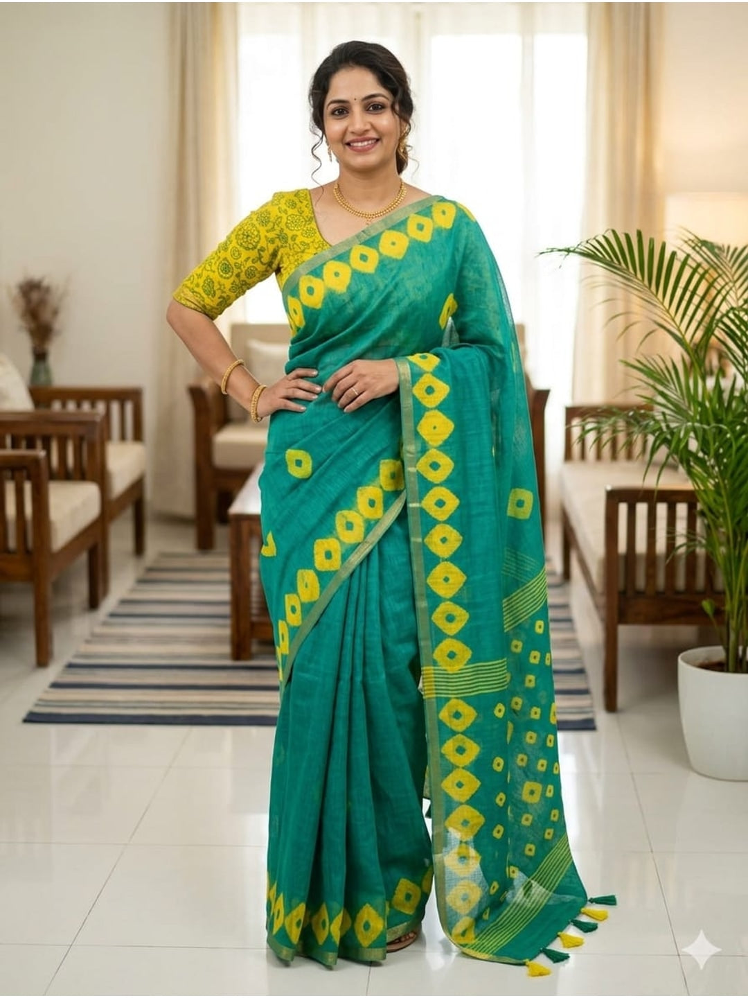 Peachmode Teal Linen Cotton Saree with Yellow Printed Pallu - Image 1