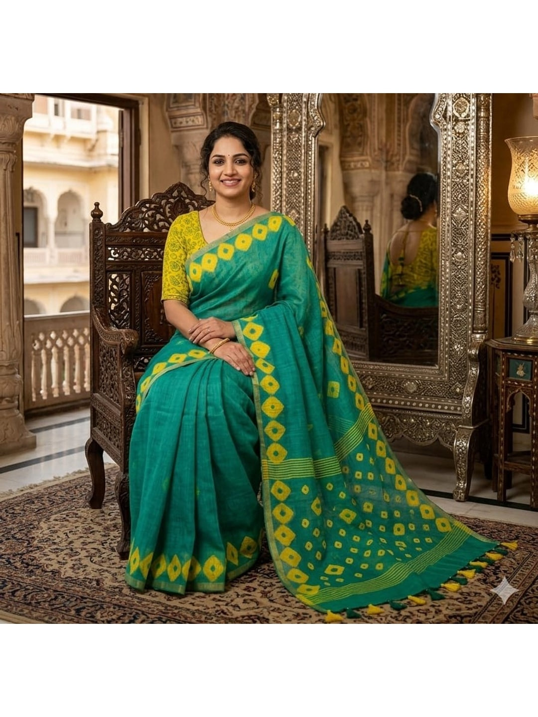 Peachmode Teal Linen Cotton Saree with Yellow Printed Pallu - Image 4