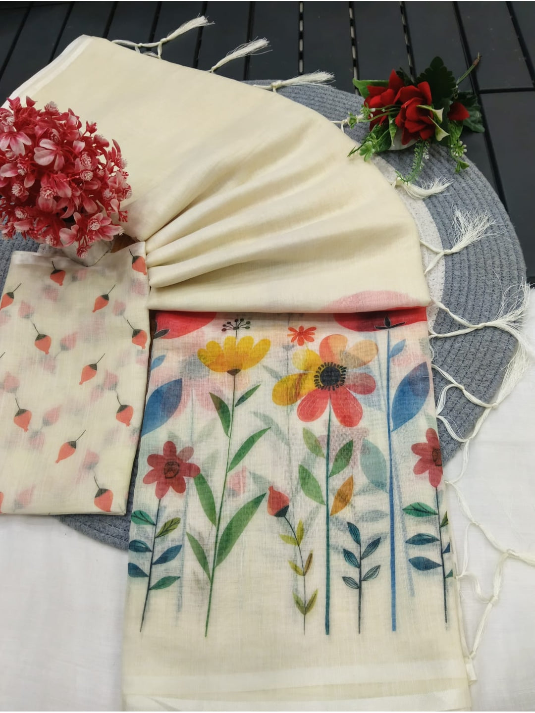Peachmode Cream Linen Cotton Saree with Red Yellow Floral Print - Image 3
