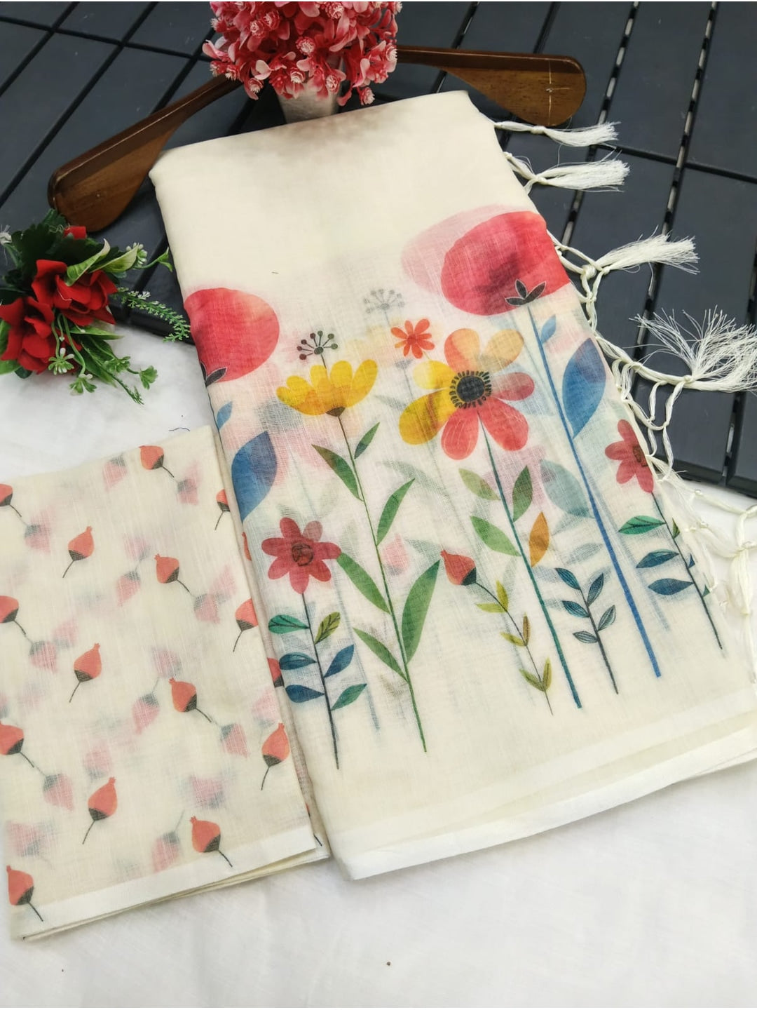 Peachmode Cream Linen Cotton Saree with Red Yellow Floral Print - Image 4