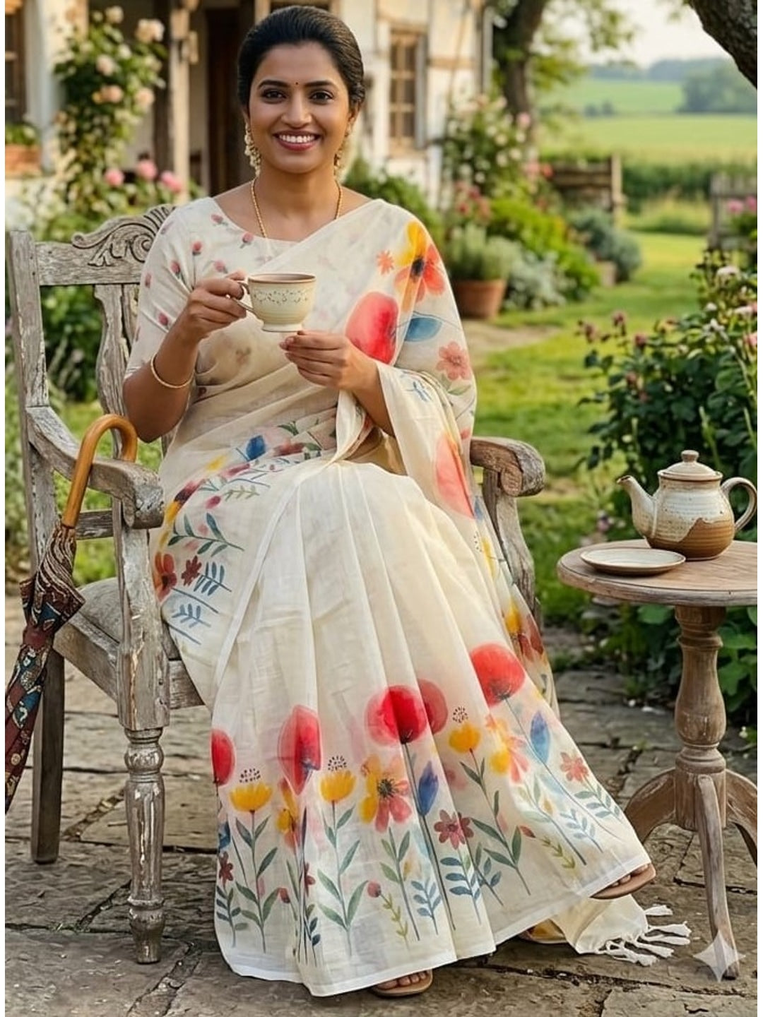 Peachmode Cream Linen Cotton Saree with Red Yellow Floral Print - Image 6