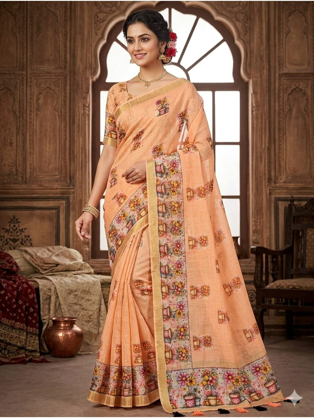 Peachmode Peach Linen Cotton Saree with Floral Print - Image 1