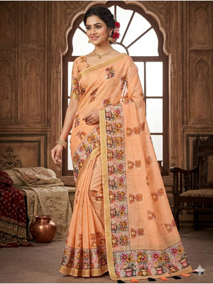 Peachmode Peach Linen Cotton Saree with Floral Print - Image 1