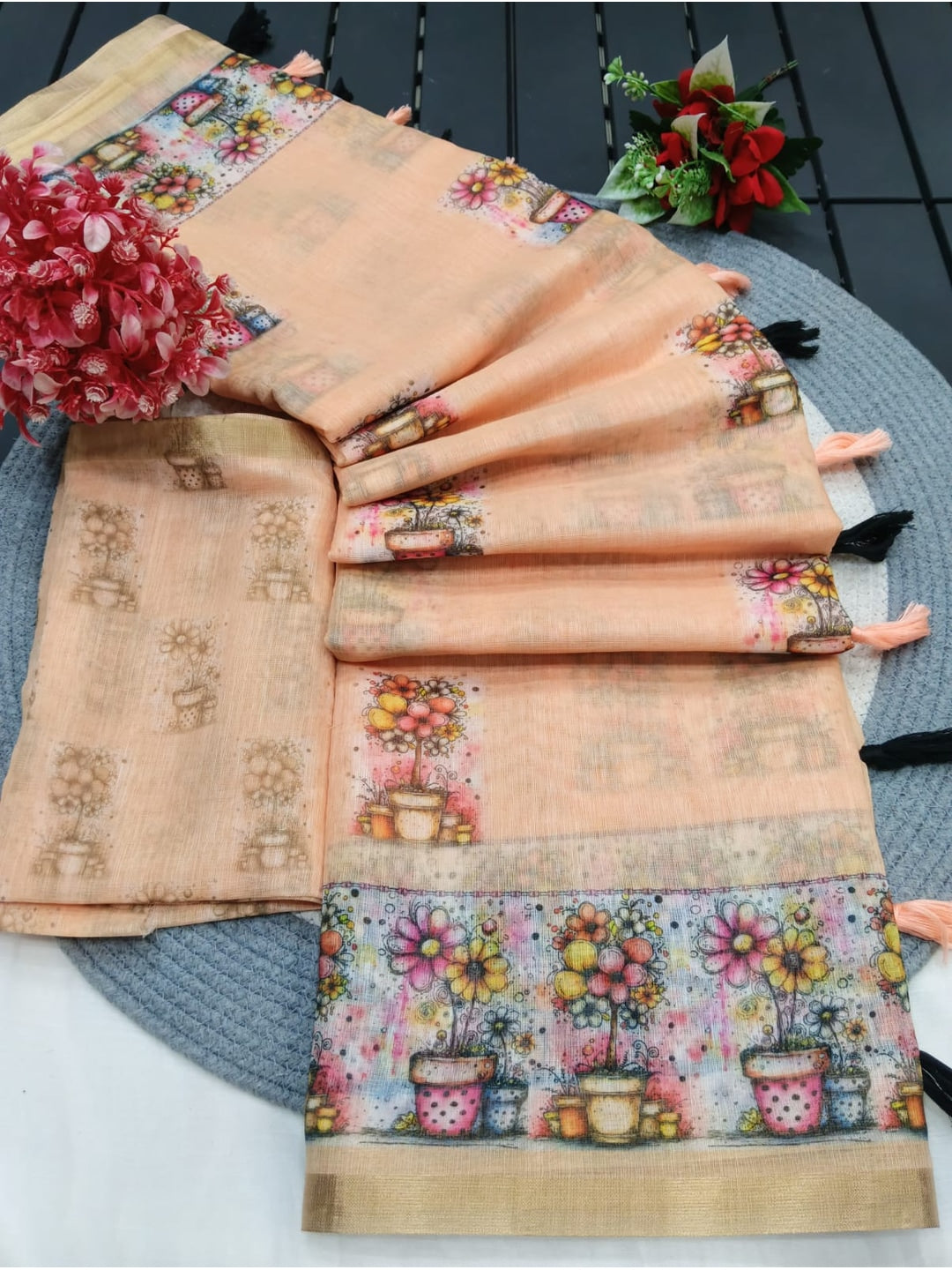 Peachmode Peach Linen Cotton Saree with Floral Print - Image 3