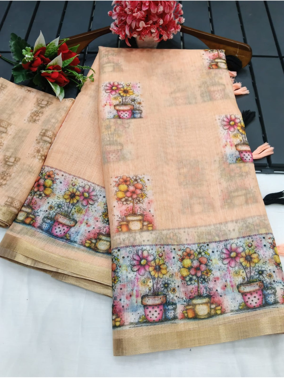 Peachmode Peach Linen Cotton Saree with Floral Print - Image 4