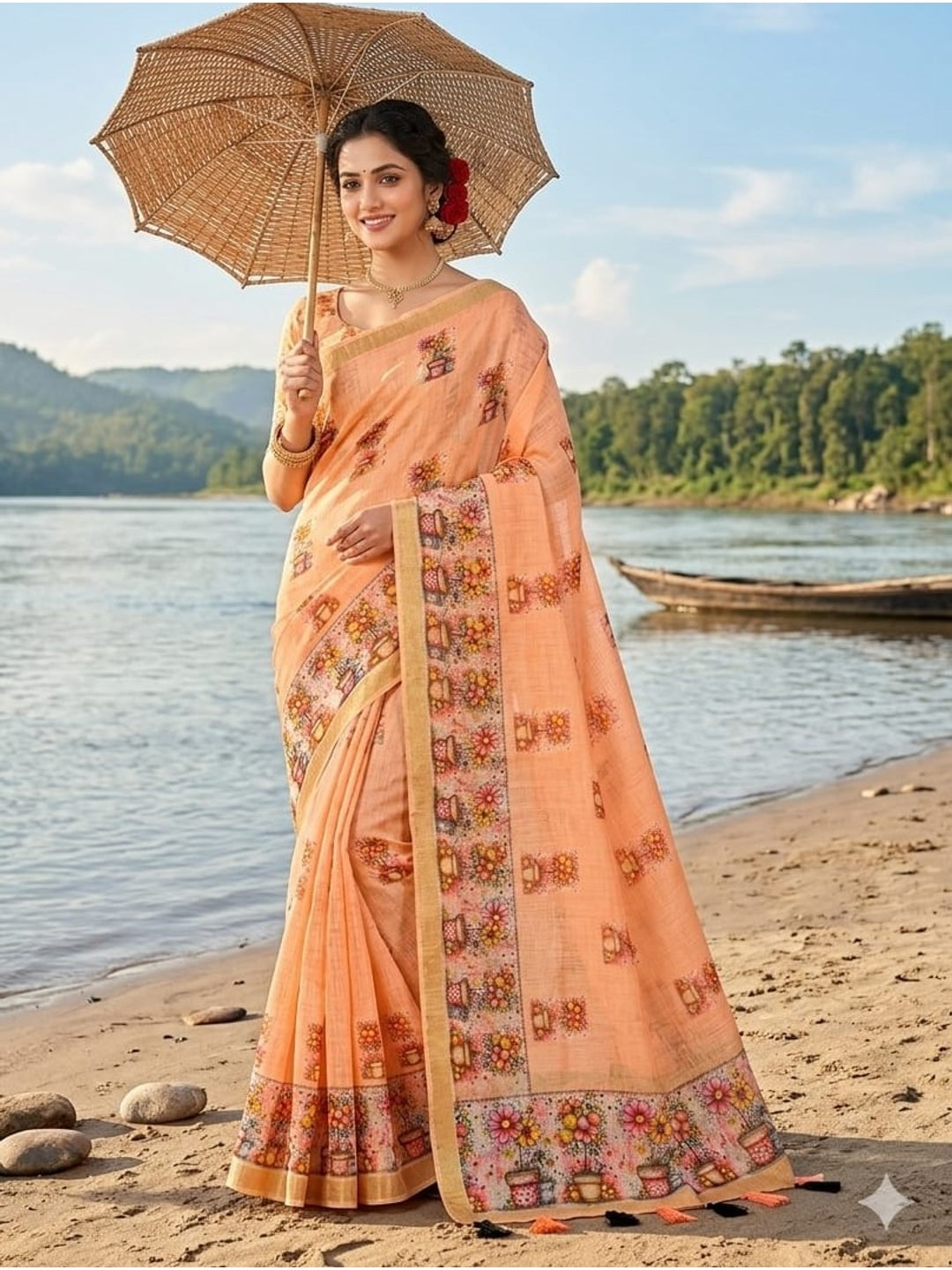 Peachmode Peach Linen Cotton Saree with Floral Print - Image 5