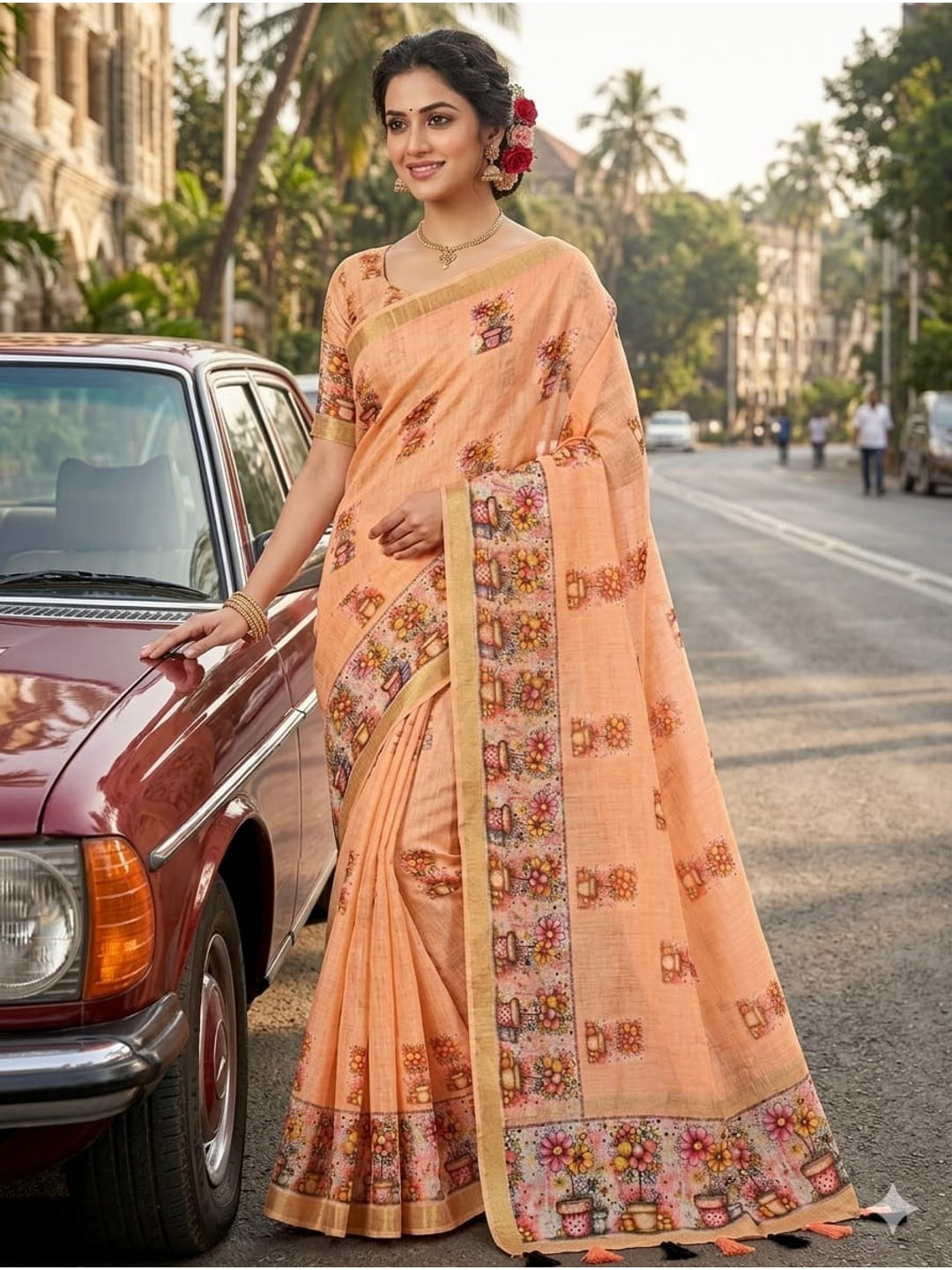 Peachmode Peach Linen Cotton Saree with Floral Print - Image 7