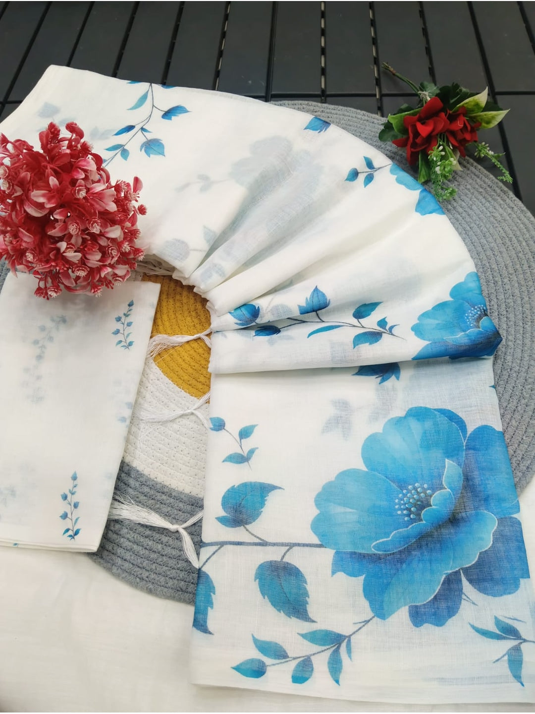 Peachmode White Linen Cotton Saree with Blue Floral Print - Image 3
