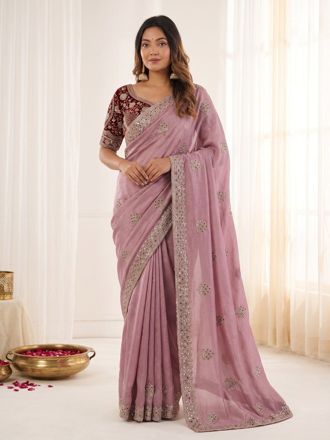 Peachmode Pink Fandy Satin C-Pallu Embroidered Saree with Sequence Cut Work Border - Image 1