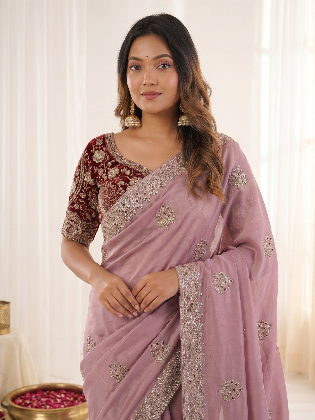 Peachmode Pink Fandy Satin C-Pallu Embroidered Saree with Sequence Cut Work Border - Image 3