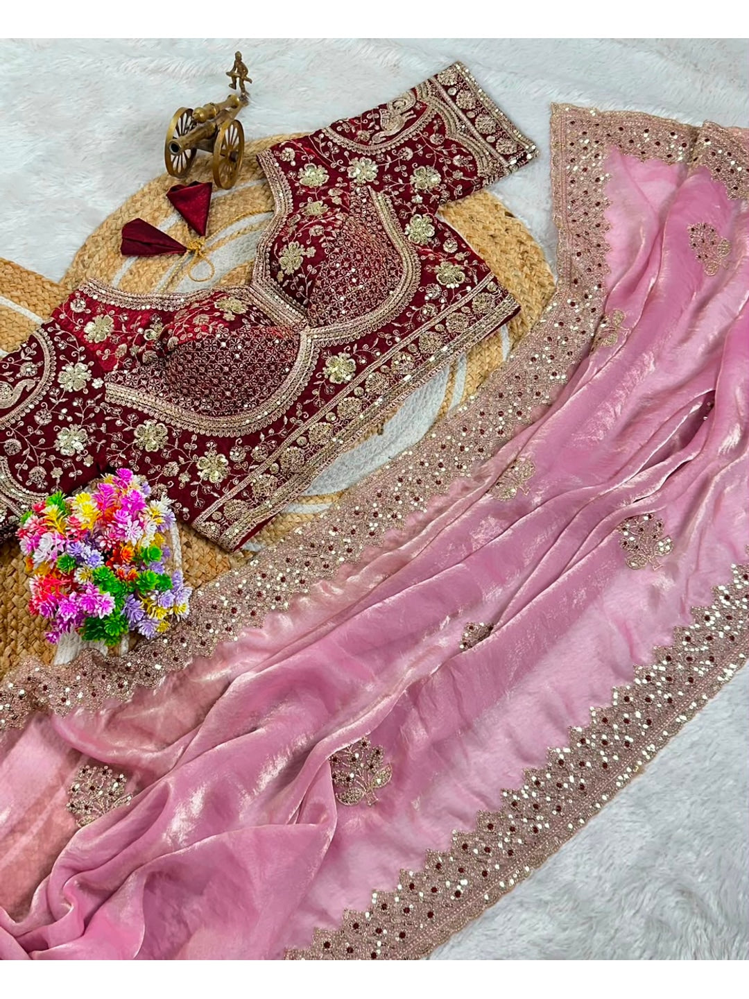 Peachmode Pink Fandy Satin C-Pallu Embroidered Saree with Sequence Cut Work Border - Image 5