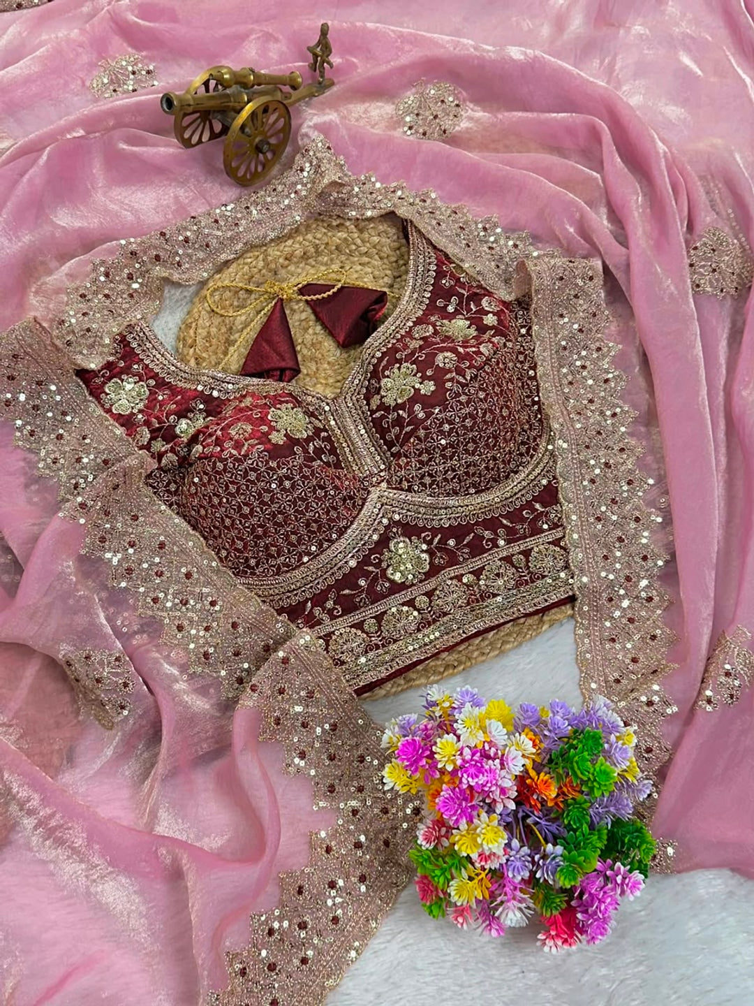 Peachmode Pink Fandy Satin C-Pallu Embroidered Saree with Sequence Cut Work Border - Image 7