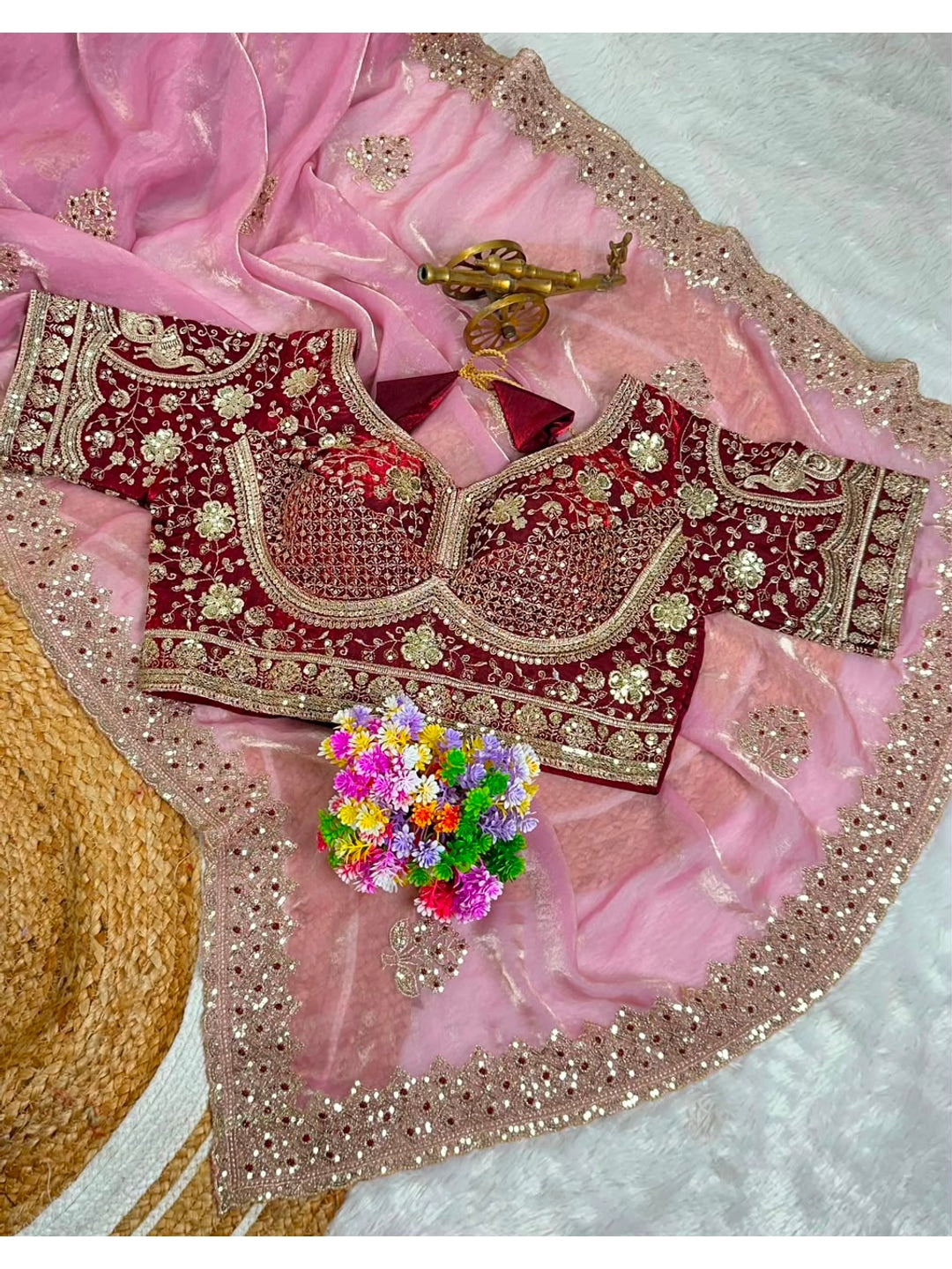 Peachmode Pink Fandy Satin C-Pallu Embroidered Saree with Sequence Cut Work Border - Image 8