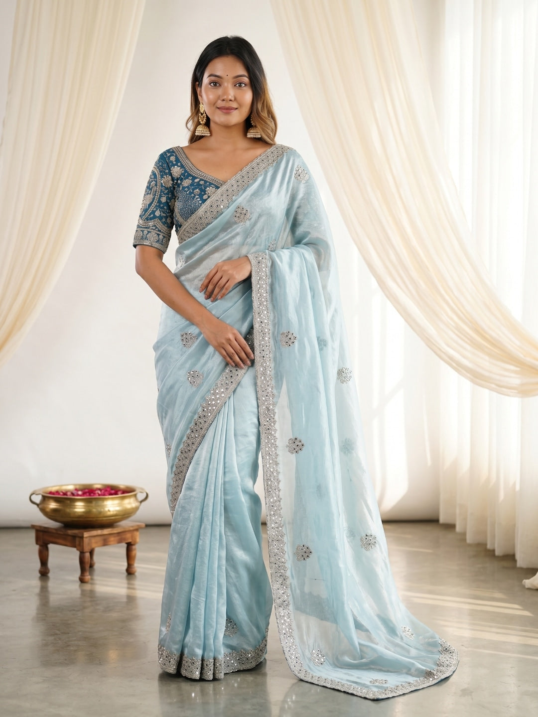 Peachmode Blue Fandy Satin C-Pallu Embroidered Saree with Sequence Cut Work Border - Image 1