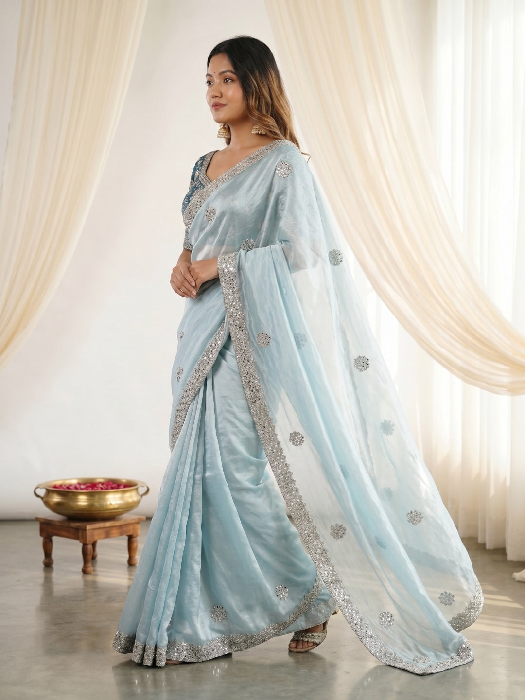 Peachmode Blue Fandy Satin C-Pallu Embroidered Saree with Sequence Cut Work Border - Image 2