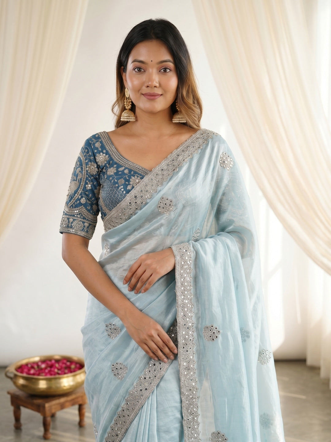Peachmode Blue Fandy Satin C-Pallu Embroidered Saree with Sequence Cut Work Border - Image 3