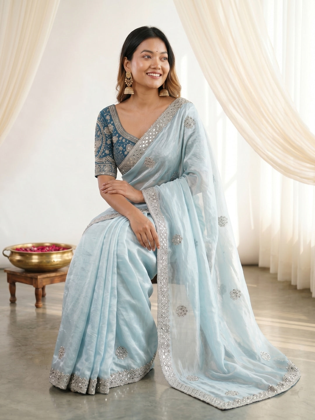 Peachmode Blue Fandy Satin C-Pallu Embroidered Saree with Sequence Cut Work Border - Image 4