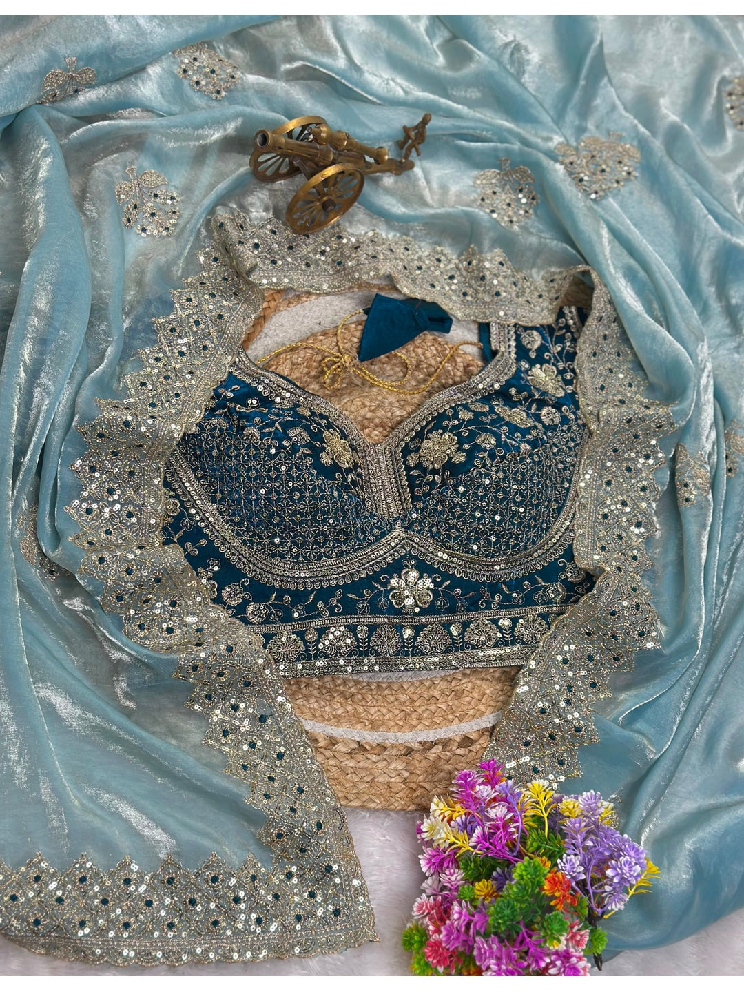 Peachmode Blue Fandy Satin C-Pallu Embroidered Saree with Sequence Cut Work Border - Image 5