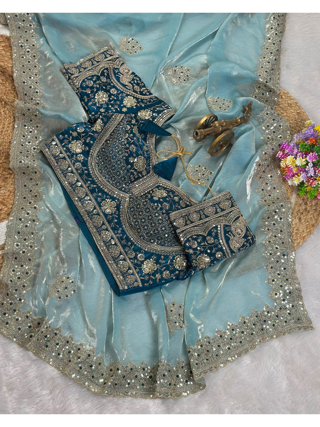 Peachmode Blue Fandy Satin C-Pallu Embroidered Saree with Sequence Cut Work Border - Image 7