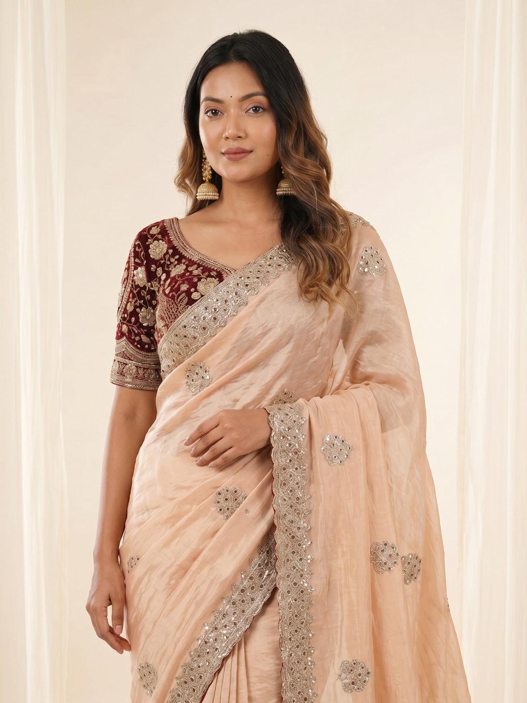Peachmode Peach Fandy Satin C-Pallu Embroidered Saree with Sequence Cut Work Border - Image 2