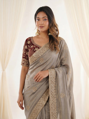 Peachmode Grey Fandy Satin C-Pallu Embroidered Saree with Sequence Cut Work Border - Image 2