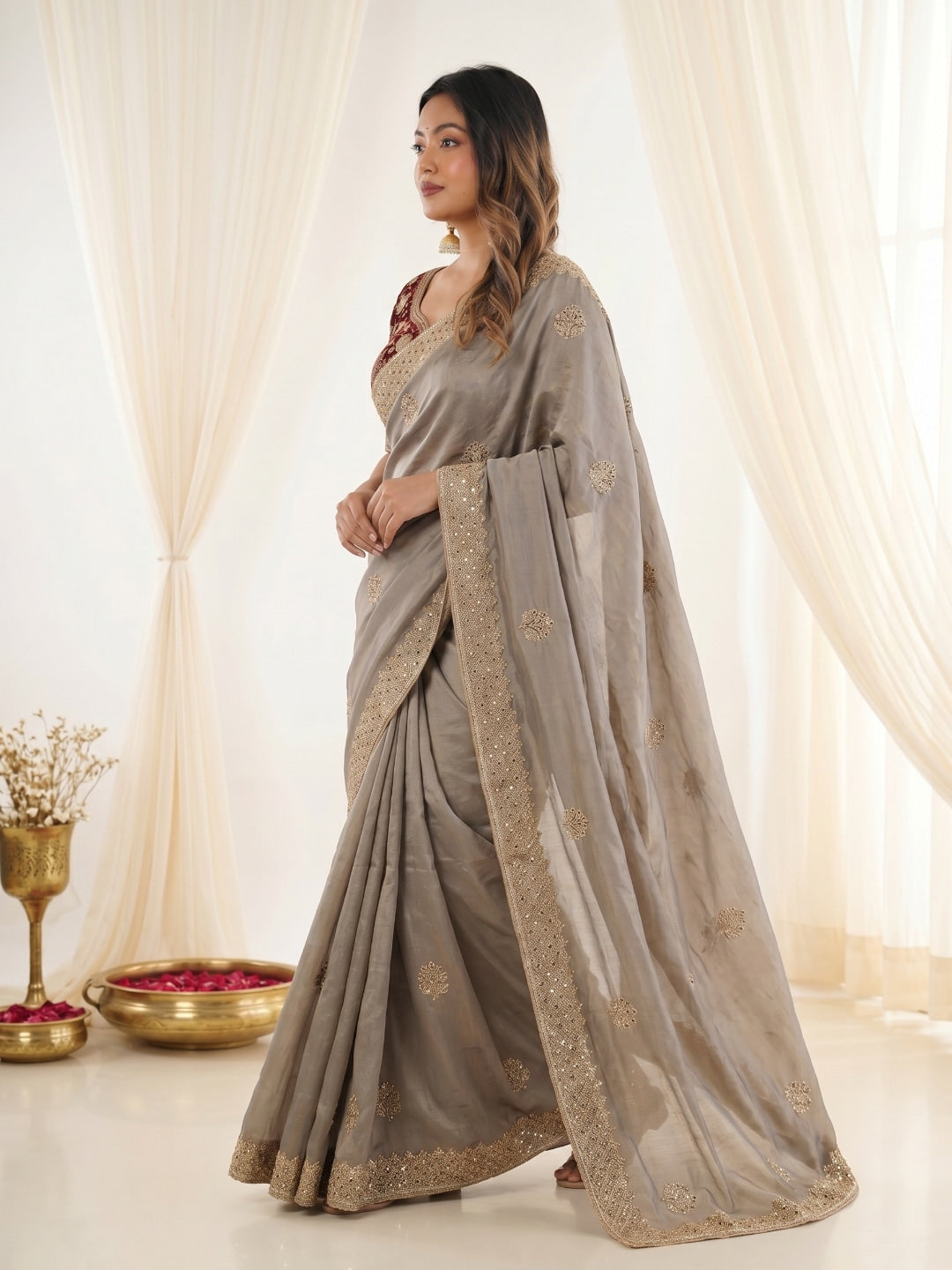 Peachmode Grey Fandy Satin C-Pallu Embroidered Saree with Sequence Cut Work Border - Image 4