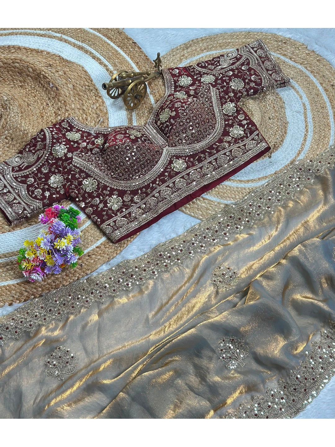 Peachmode Grey Fandy Satin C-Pallu Embroidered Saree with Sequence Cut Work Border - Image 5