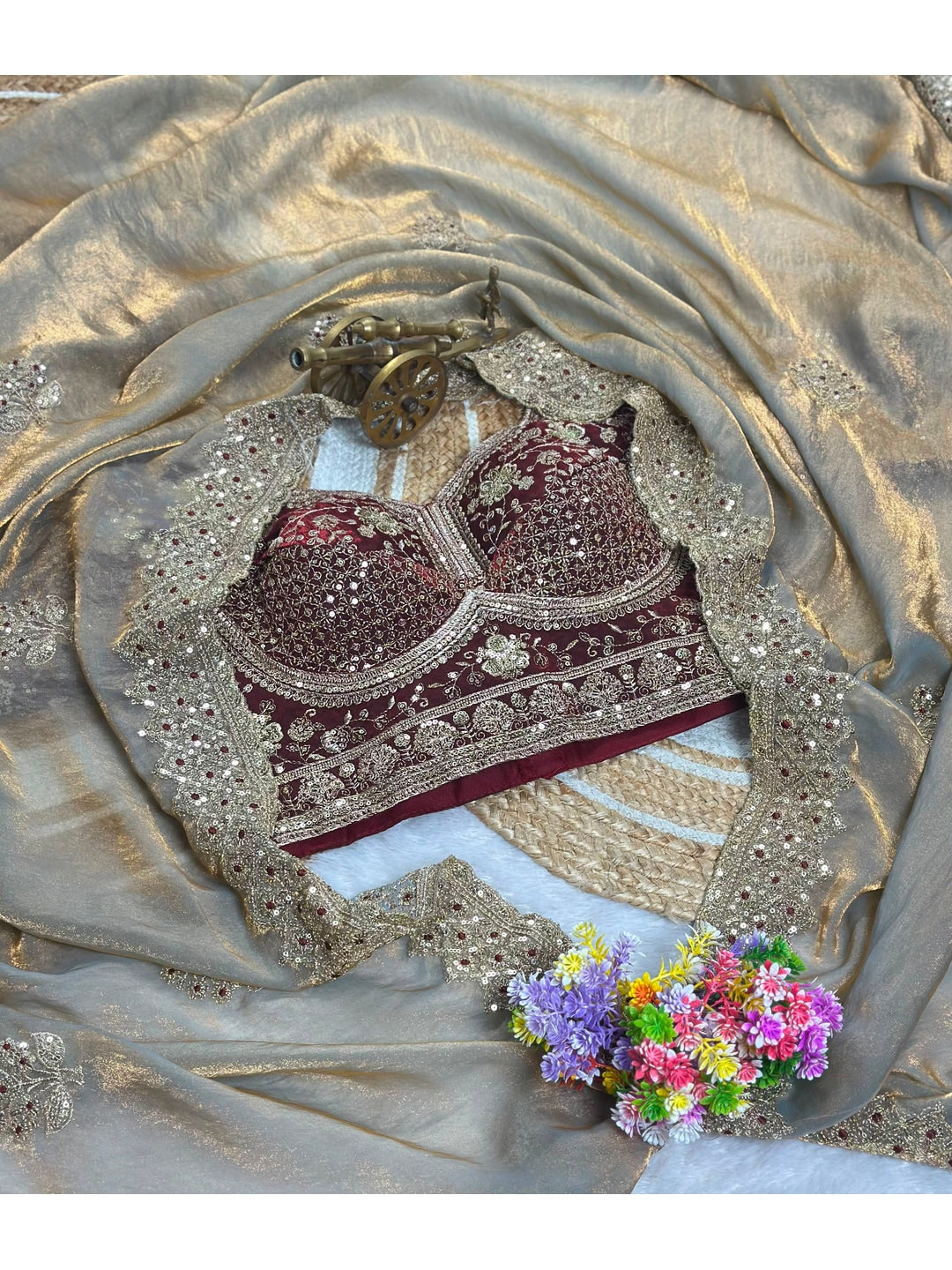 Peachmode Grey Fandy Satin C-Pallu Embroidered Saree with Sequence Cut Work Border - Image 6