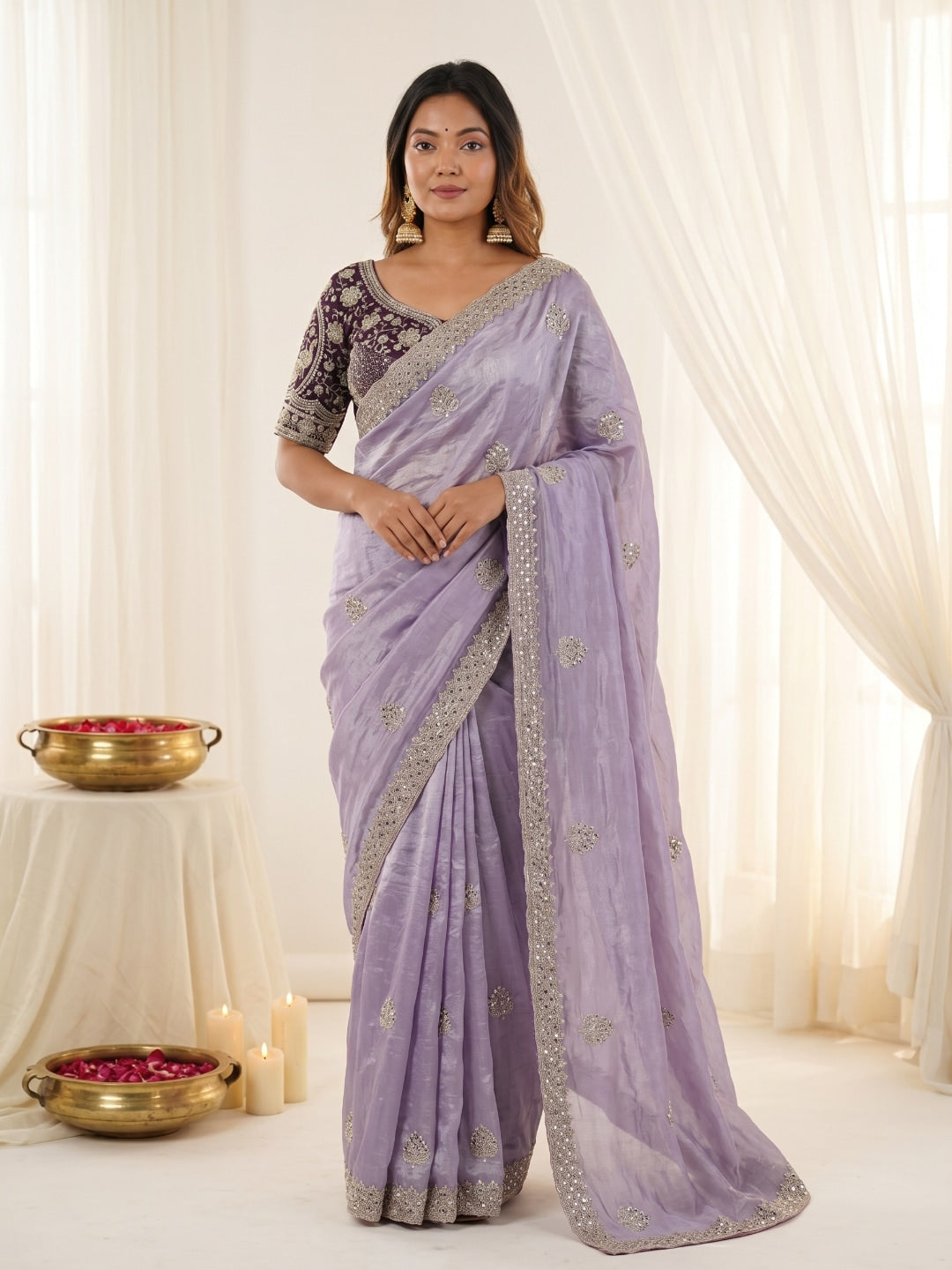 Peachmode Lavender Fandy Satin C-Pallu Embroidered Saree with Sequence Cut Work Border - Image 1