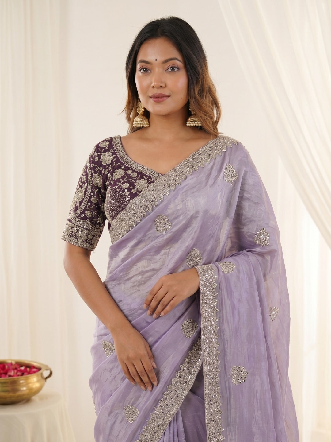 Peachmode Lavender Fandy Satin C-Pallu Embroidered Saree with Sequence Cut Work Border - Image 2